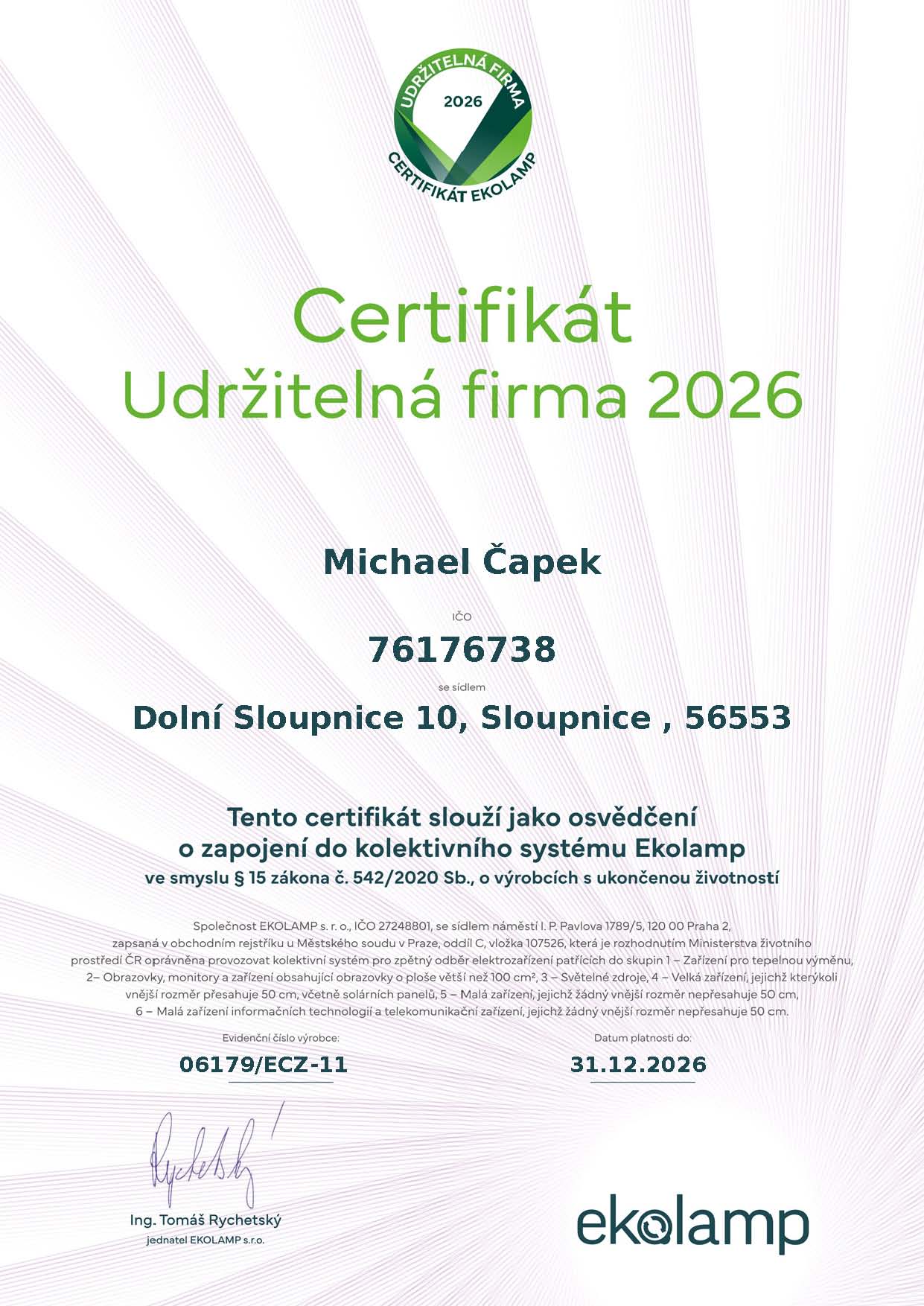 Michael Čapek_certifikat